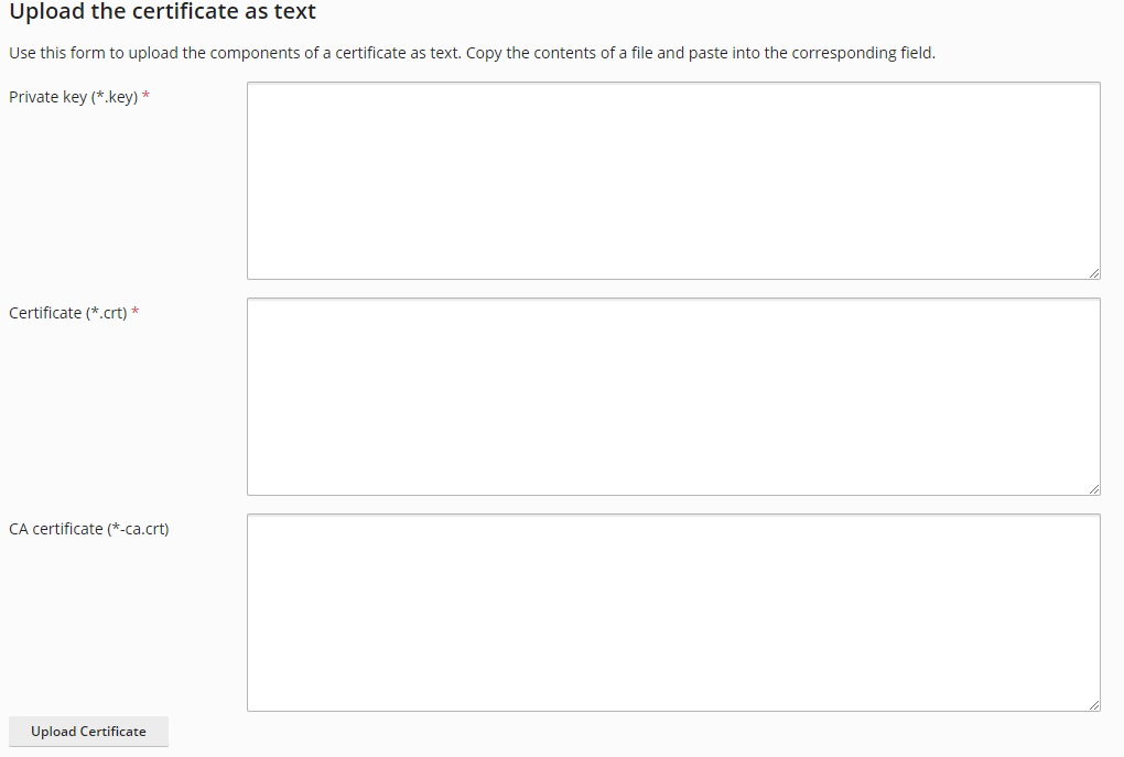 Plesk - SSL/TLS Manage Upload the certificate as text