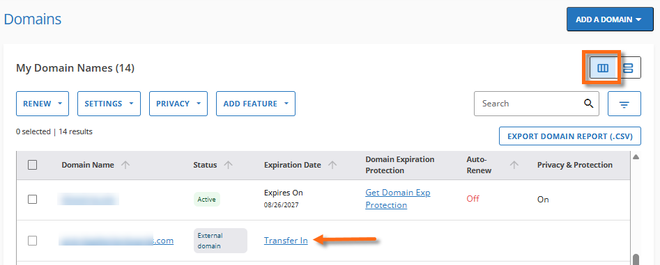Domain Transfer - List View - Transfer in link