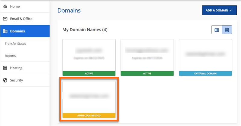 Customer Portal - Domains - Card View - Transfer Status