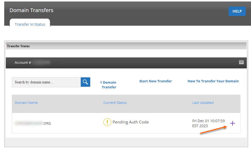 Customer Portal - Domains - Transfer Status - Pending Auth Code