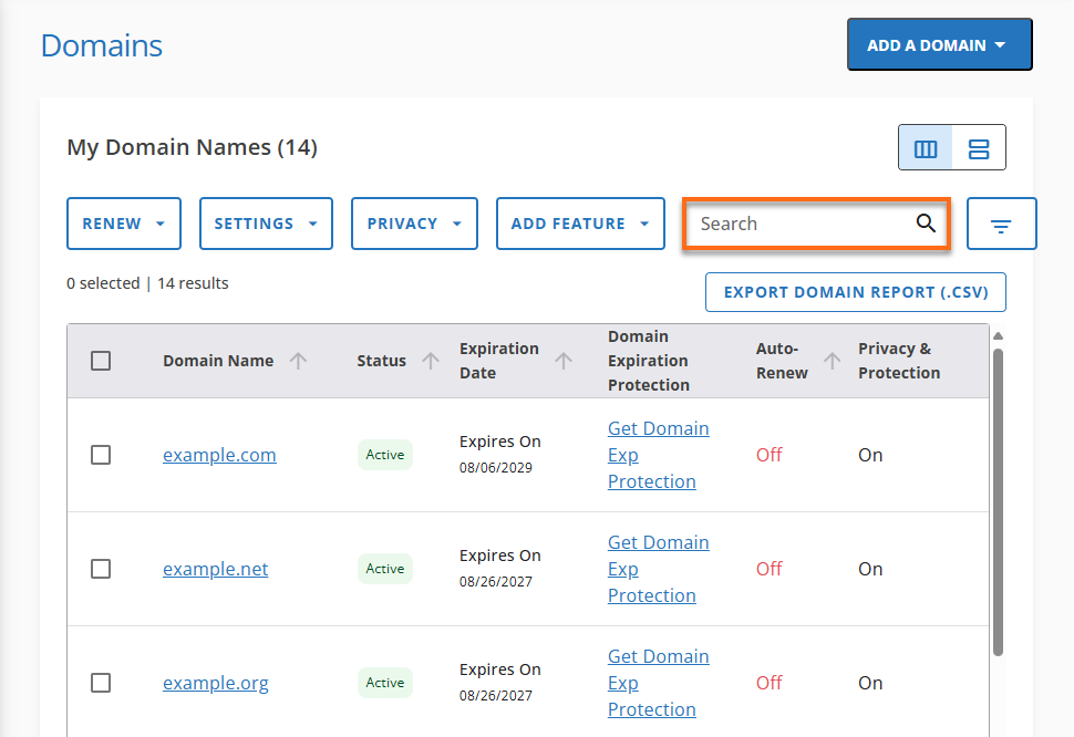 HG Domain Tab - List View