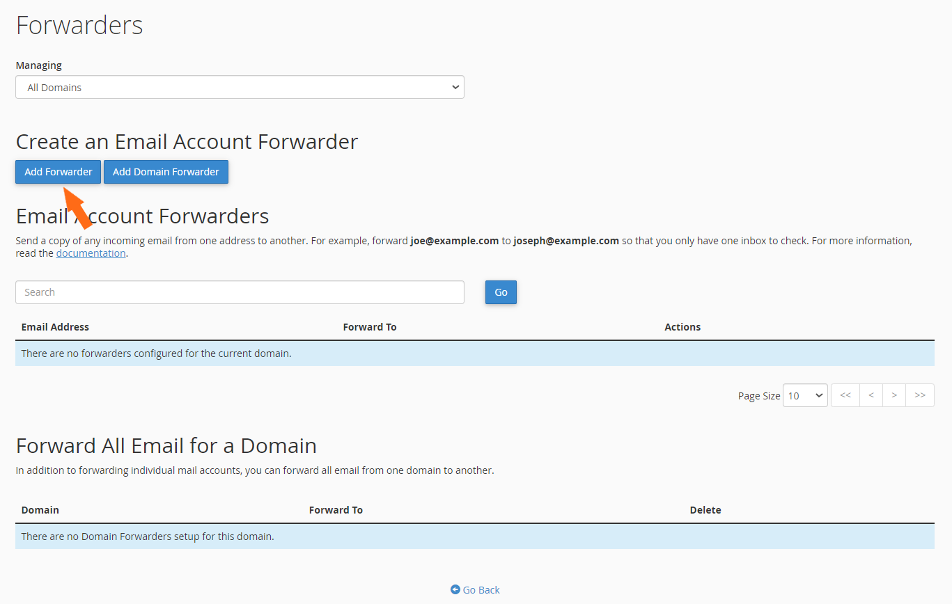 Email Accounts - Add Forwarder
