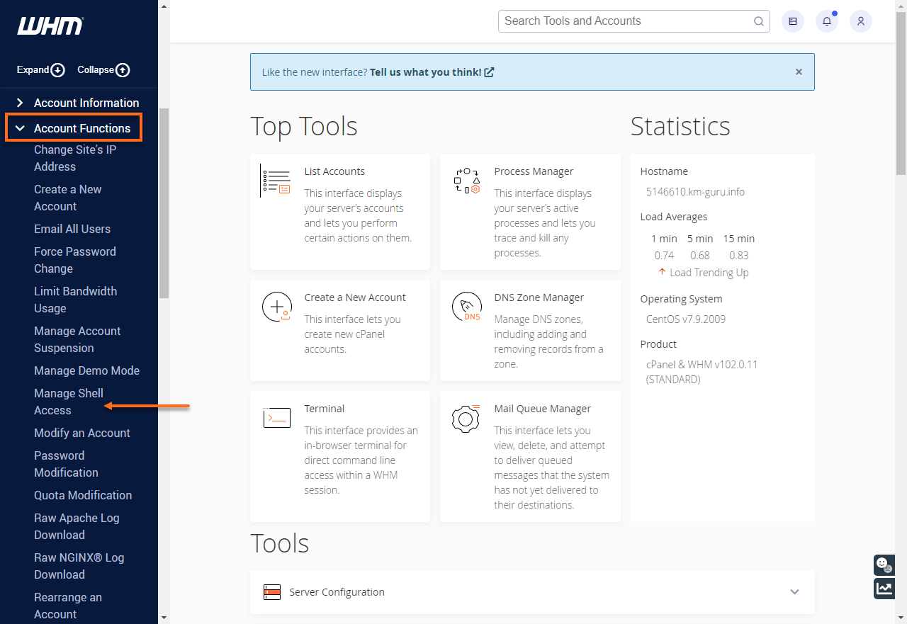 WHM - Account Functions Manage Shell Access