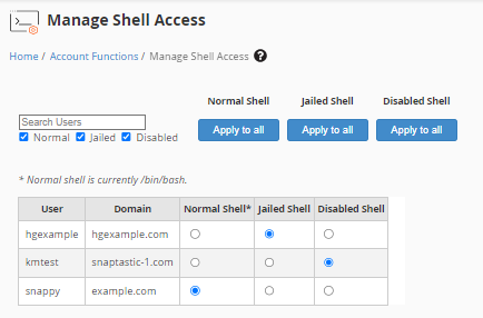 WHM - Multiple Users - Type of SSH Access