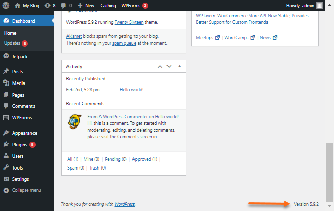 WordPress Dashboard - Version
