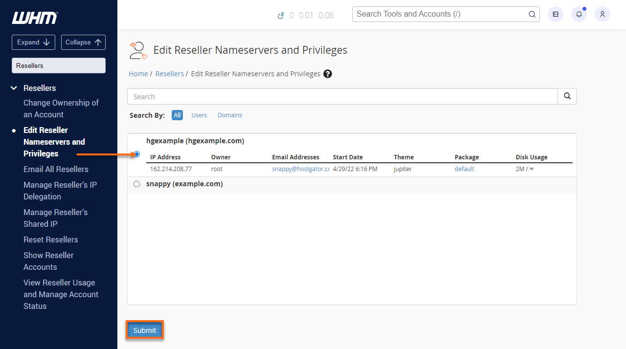 HostGator WHM Edit Reseller nameserves and priveleges