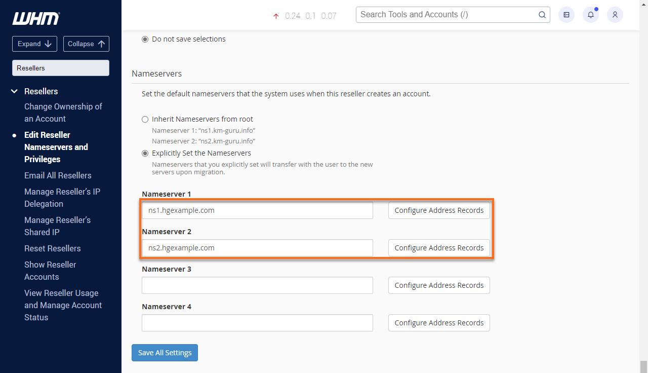 HostGator WHM Setup Reseller Nameserver