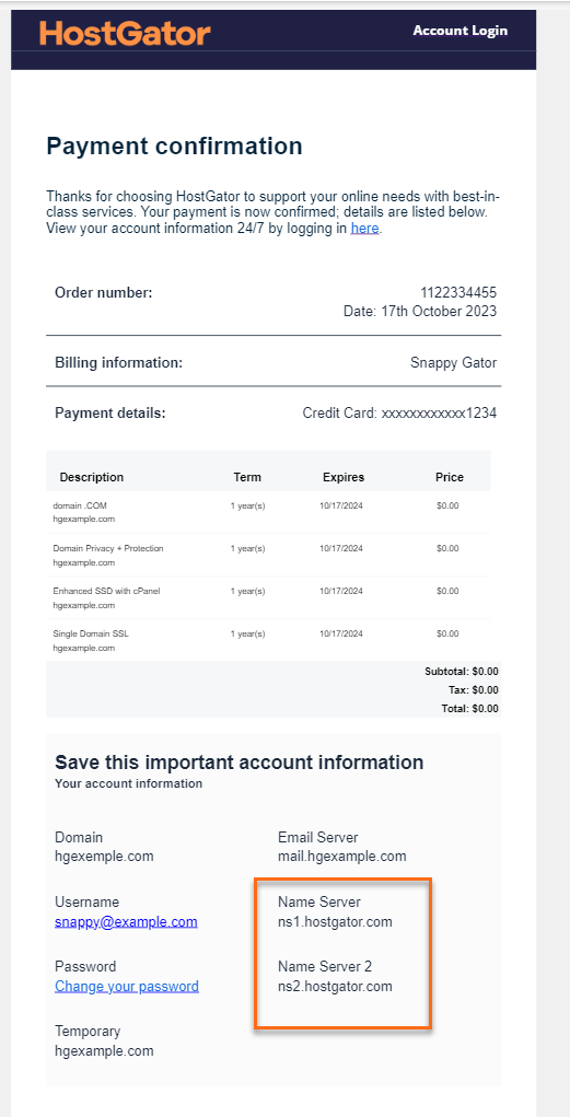 HostGator Order Confirmation Email