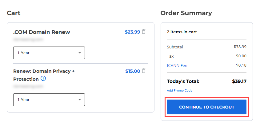 Renew my domain - Cart/Order Summary page