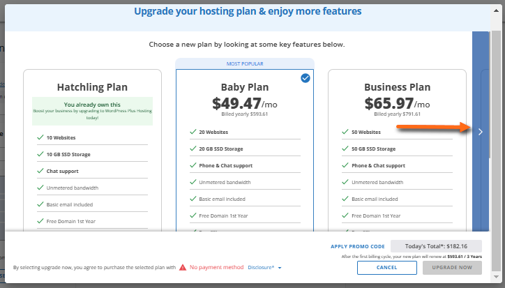 Pro hosting plan pop-up window