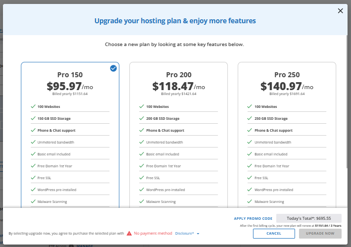 Select Pro hosting plan