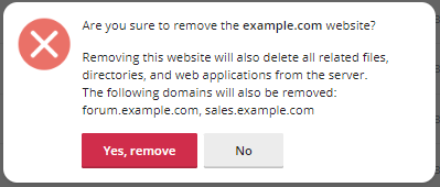 Confirm removal of domain/subdomain