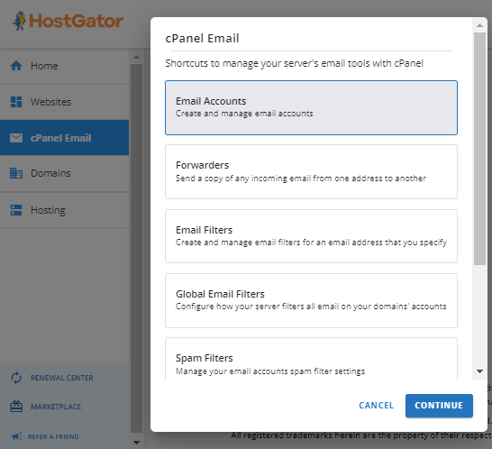 cPanel Email pop-up menu