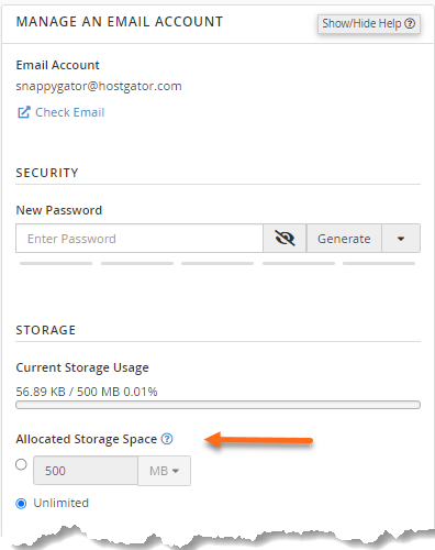 Email Accounts - Allocated email storage