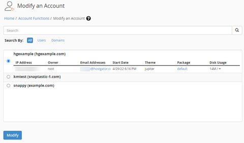 WHM - Select account to modify