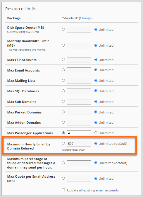 WHM - Modify an Account - Maximum Hourly Email by Domain Relayed