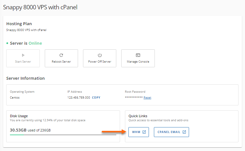 VPS/Dedicated hosting plan - Quick Links - WHM