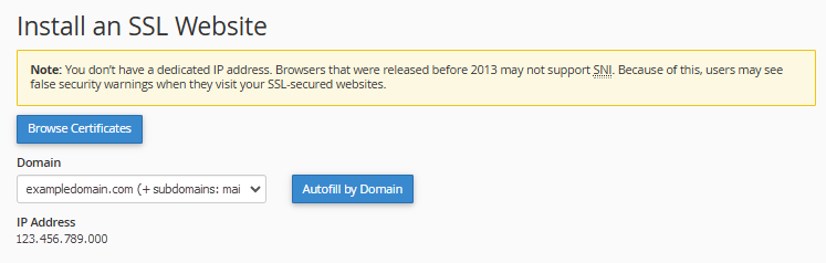Manage SSL sites - Select Domain