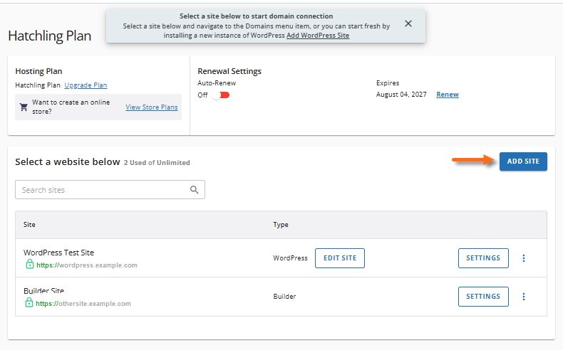 Connections - Website - Add a new website