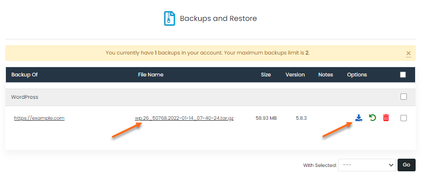 Backup files in Softaculous