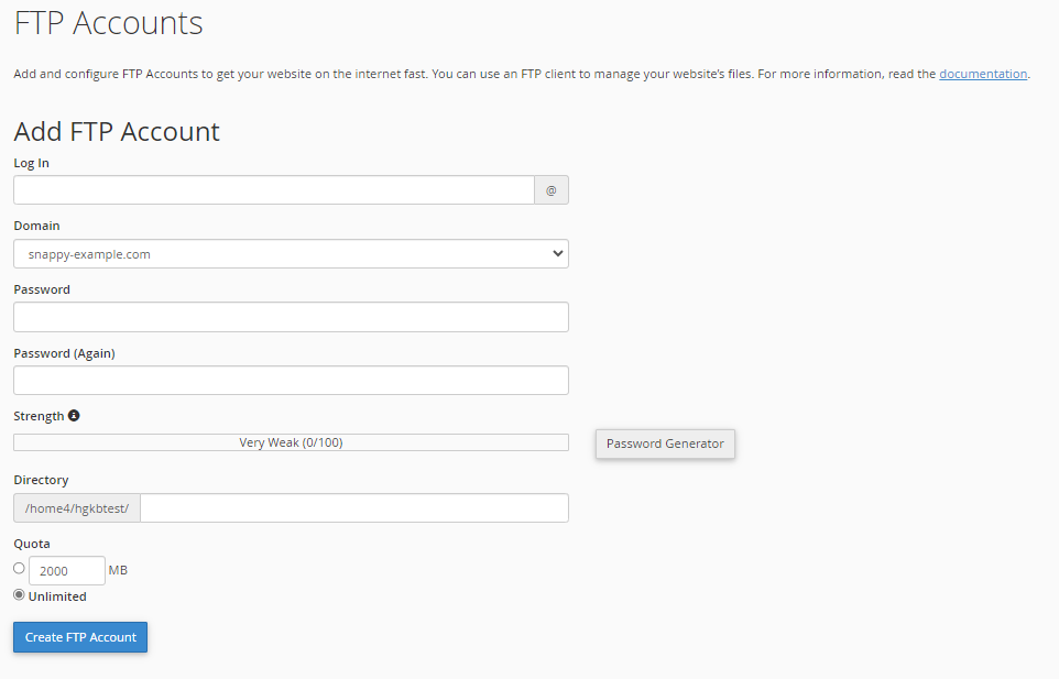 cPanel - FTP Accounts - Fill out information