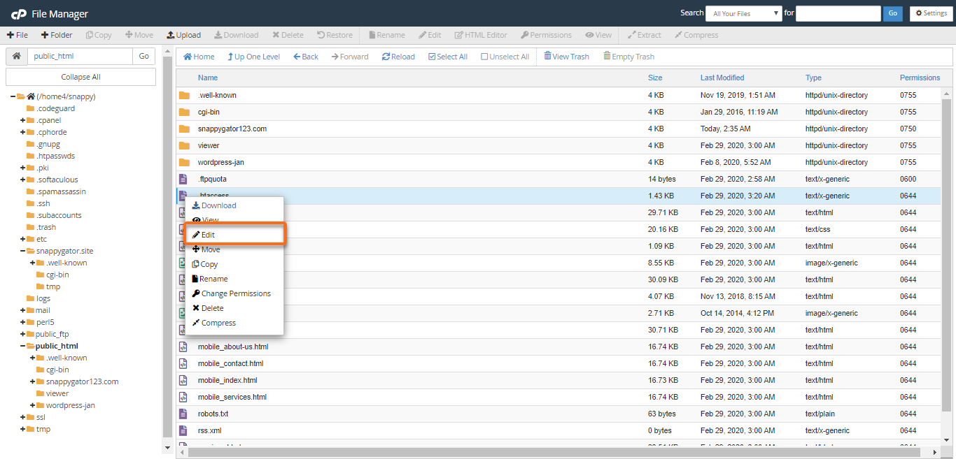 HostGator - cPanel - 文件管理器 - .htaccess 文件 - 编辑