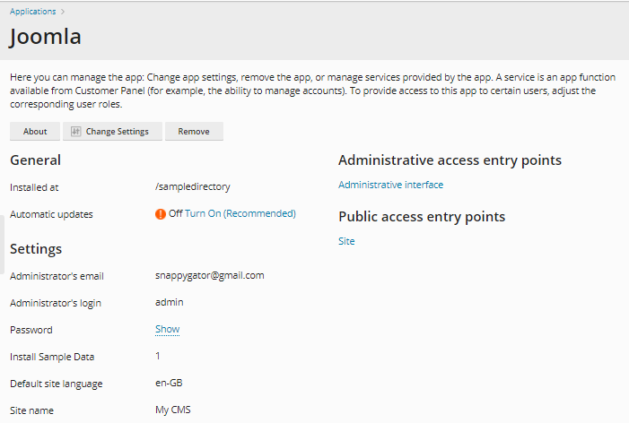 Plesk - Joomla Install Details