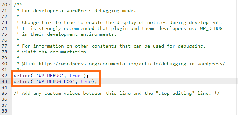 Define WP Debug Log True