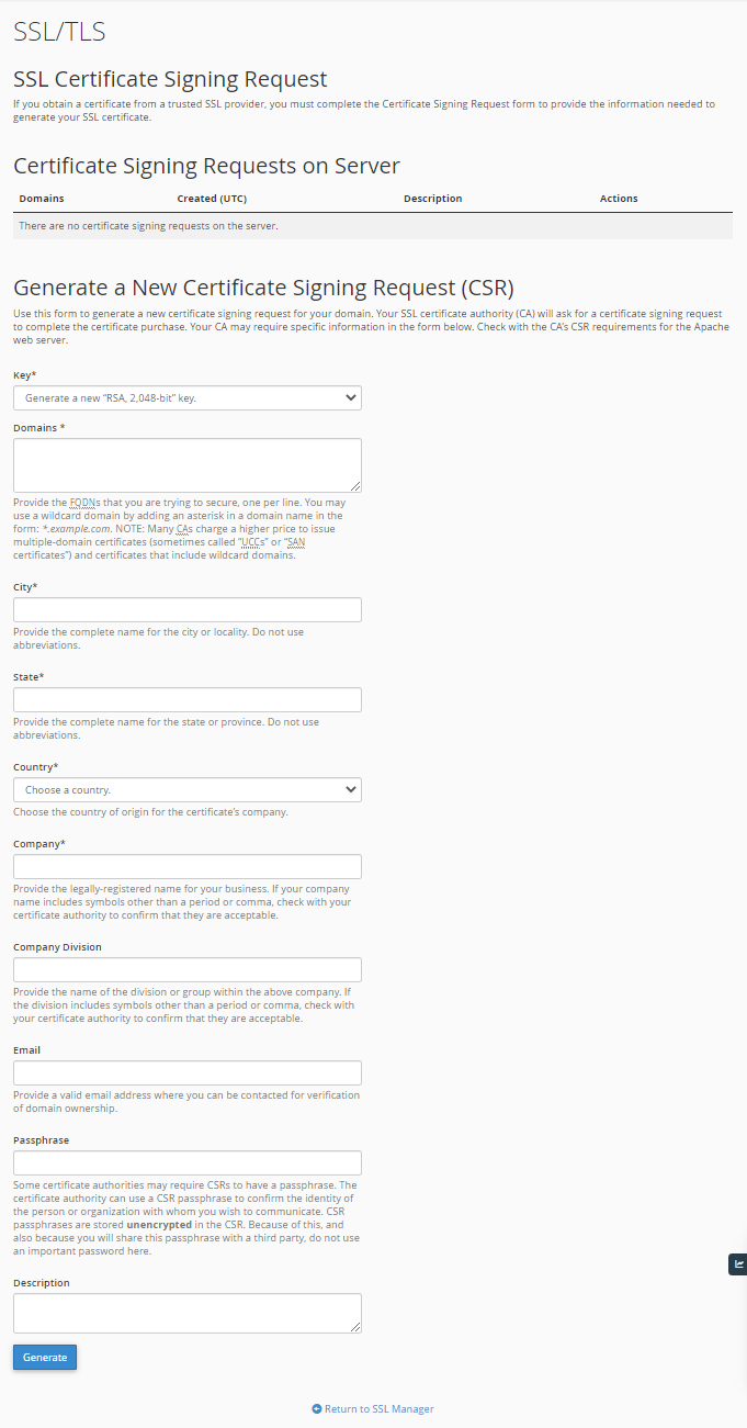 cPanel - Generate Certificate Signing Requests