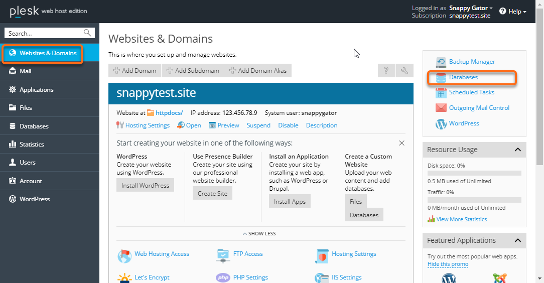 Plesk Databases Section