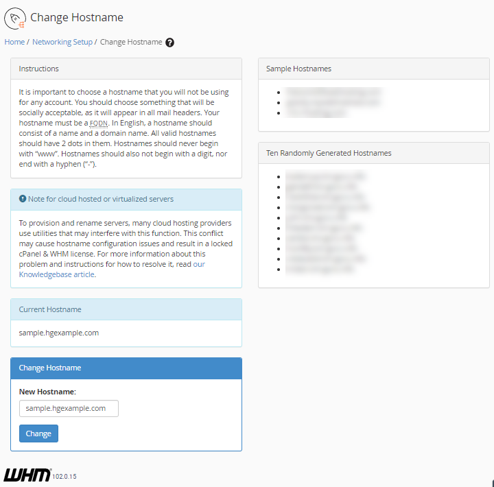 WHM - 网络设置 - 更改主机名界面