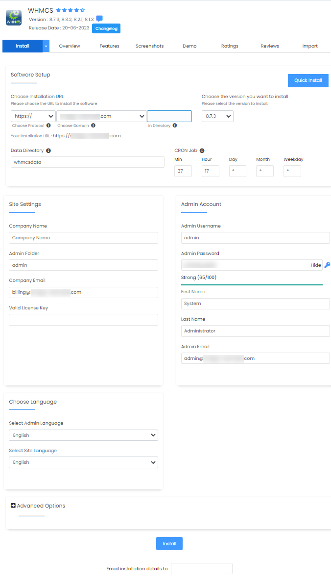 WHMCS - 安装表单