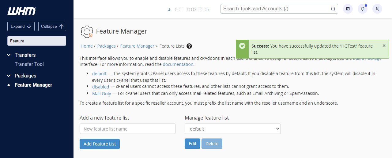 HostGator - WHM Sucessfully Add New Feature