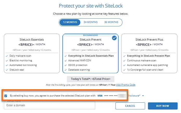 SiteLock - Confirm payment method