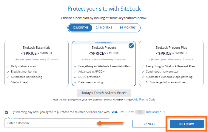 Sitelock - Enter domain and Buy Now