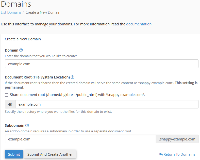 cPanel - Create a New Domain
