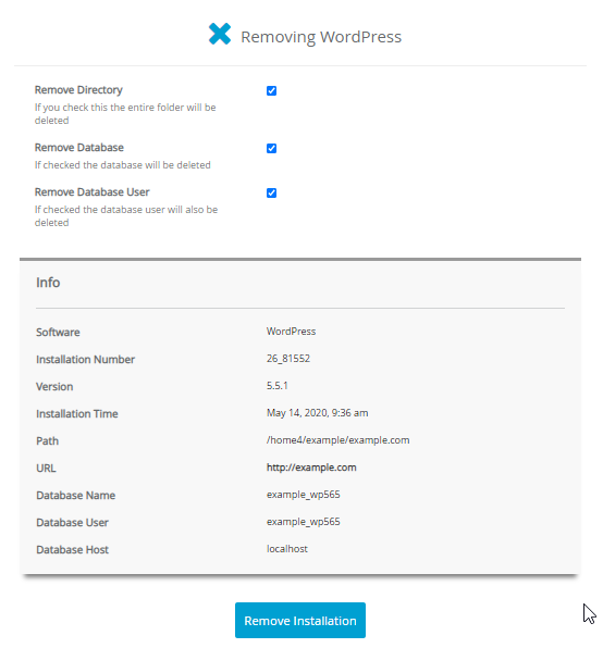 Softaculous - 删除 WordPress