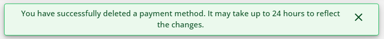 Successful Deletion of Payment Method prompt