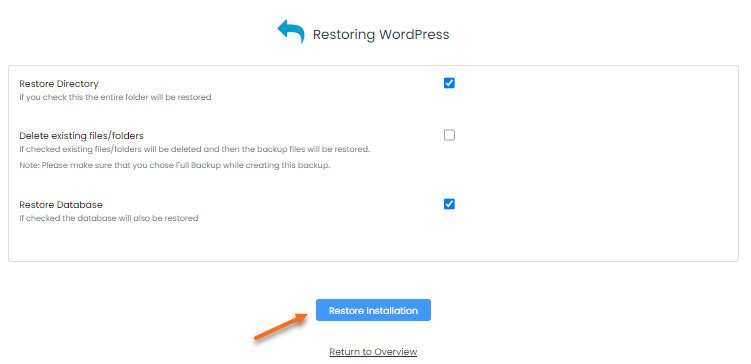 Softaculous Apps Installer - Restore Backup Options