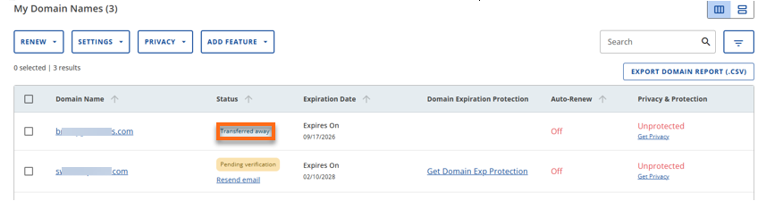 Customer Portal - Domains Tab List View