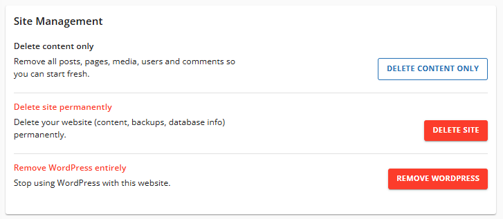 Uninstall a WordPress Site - Site Management section