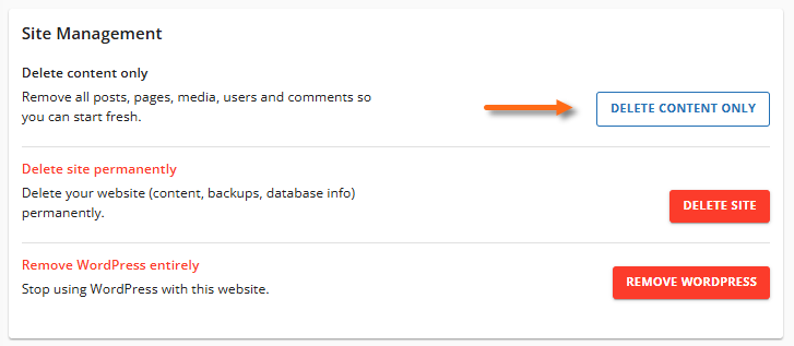 Uninstall a WordPress Site - Site Management section - Delete Content Only