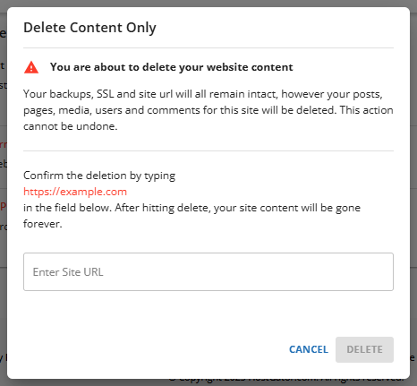 Uninstall a WordPress Site - Site Management section - Confirm Delete Content Only