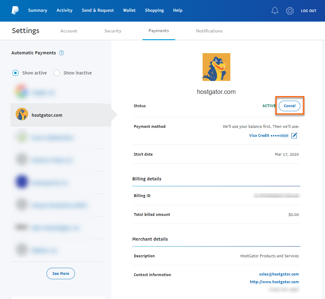 HostGator Unsubscribe from PayPal - Cancel Payments to Merchant
