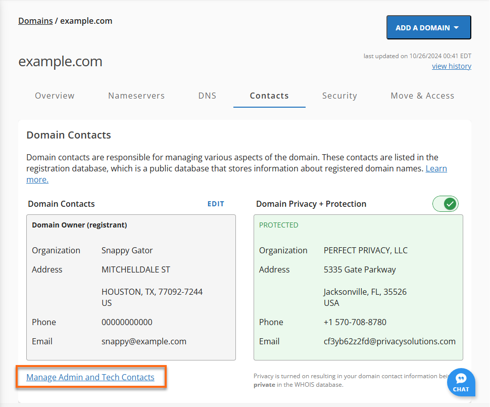 Manage Admin and Tech Contacts Link
