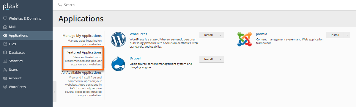 Plesk Featured Applications