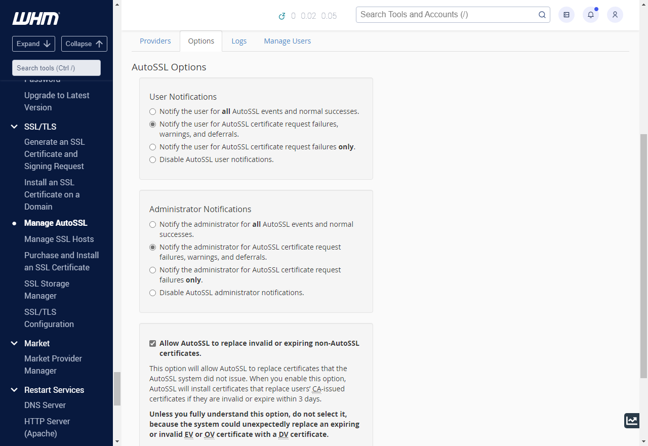 WHM - Manage AutoSSL - Options Tab
