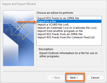 Microsoft Outlook Import and Export Wizard Export To A File