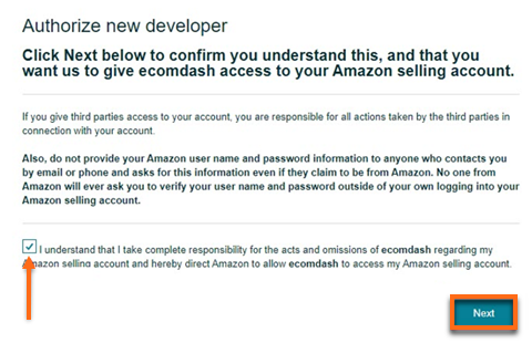 HostGator Ecomdash Create Warehouse FBA Integrate Online Marketplace - Amazon Authorize New Developer Confirm