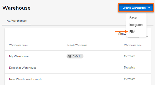 HostGator Ecomdash Create Warehouse FBA
